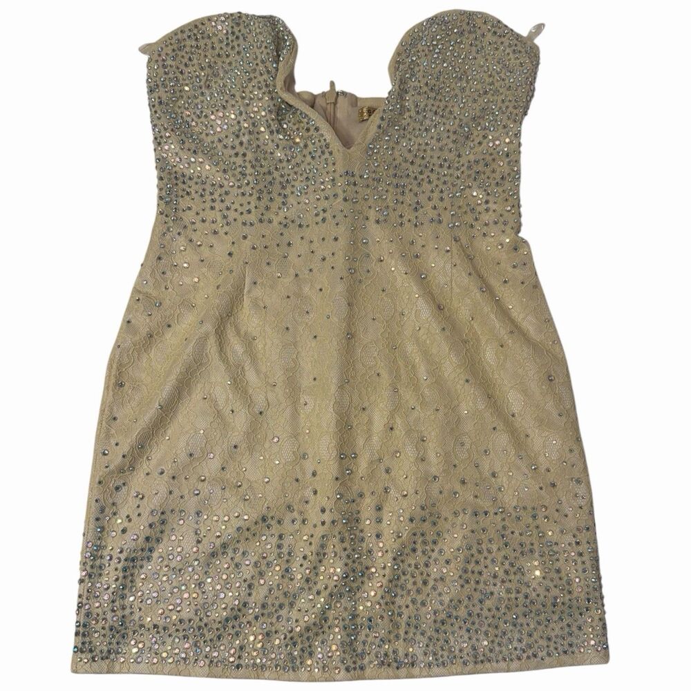 Iridescent Rhinestone Homecoming Dress Juniors L Strapless Lace Mini Prom Glam